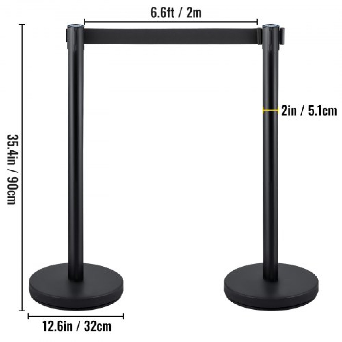 VEVOR Crowd Control Stanchion, Σετ 4 τεμαχίων Stanchion Set, Stanchion Set με 6,6 ft/2 m Μαύρη ανασυρόμενη ζώνη, Black Crowd Control Barrier με σκυρόδεμα και μεταλλική βάση – Συναρμολόγηση Easy Connect