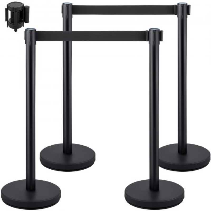 VEVOR Crowd Control Stanchion, Σετ 4 τεμαχίων Stanchion Set, Stanchion Set με 6,6 ft/2 m Μαύρη ανασυρόμενη ζώνη, Black Crowd Control Barrier με σκυρόδεμα και μεταλλική βάση – Συναρμολόγηση Easy Connect
