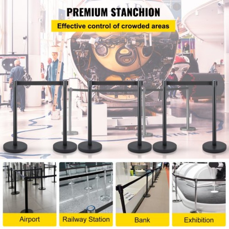 VEVOR Crowd Control Stanchion, Σετ 6 τεμαχίων Stanchion Set, Stanchion Set με 6,6 ft/2 m Μαύρη ανασυρόμενη ζώνη, Black Crowd Control Barrier με σκυρόδεμα και μεταλλική βάση – Συναρμολόγηση Easy Connect