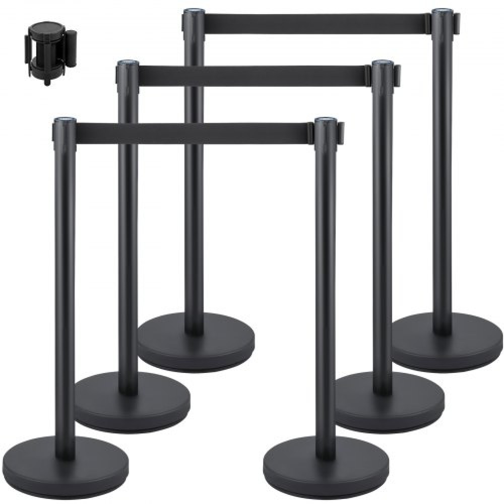 VEVOR Crowd Control Stanchion, Σετ 6 τεμαχίων Stanchion Set, Stanchion Set με 6,6 ft/2 m Μαύρη ανασυρόμενη ζώνη, Black Crowd Control Barrier με σκυρόδεμα και μεταλλική βάση – Συναρμολόγηση Easy Connect