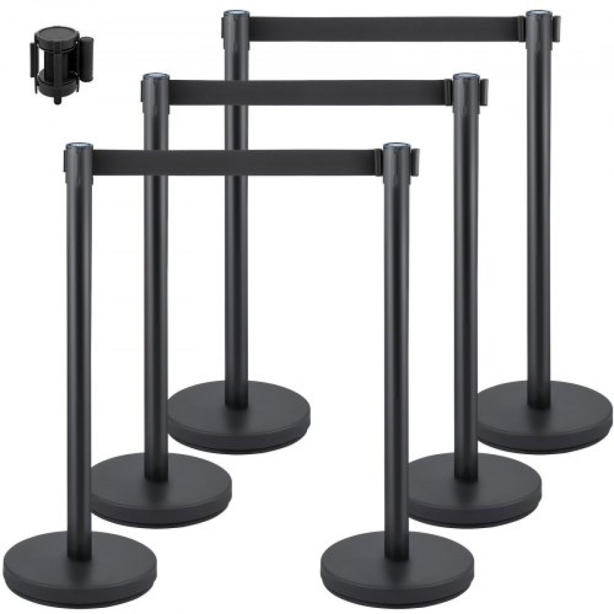 VEVOR Crowd Control Stanchion, Σετ 6 τεμαχίων Stanchion Set, Stanchion Set με 6,6 ft/2 m Μαύρη ανασυρόμενη ζώνη, Black Crowd Control Barrier με σκυρόδεμα και μεταλλική βάση – Συναρμολόγηση Easy Connect