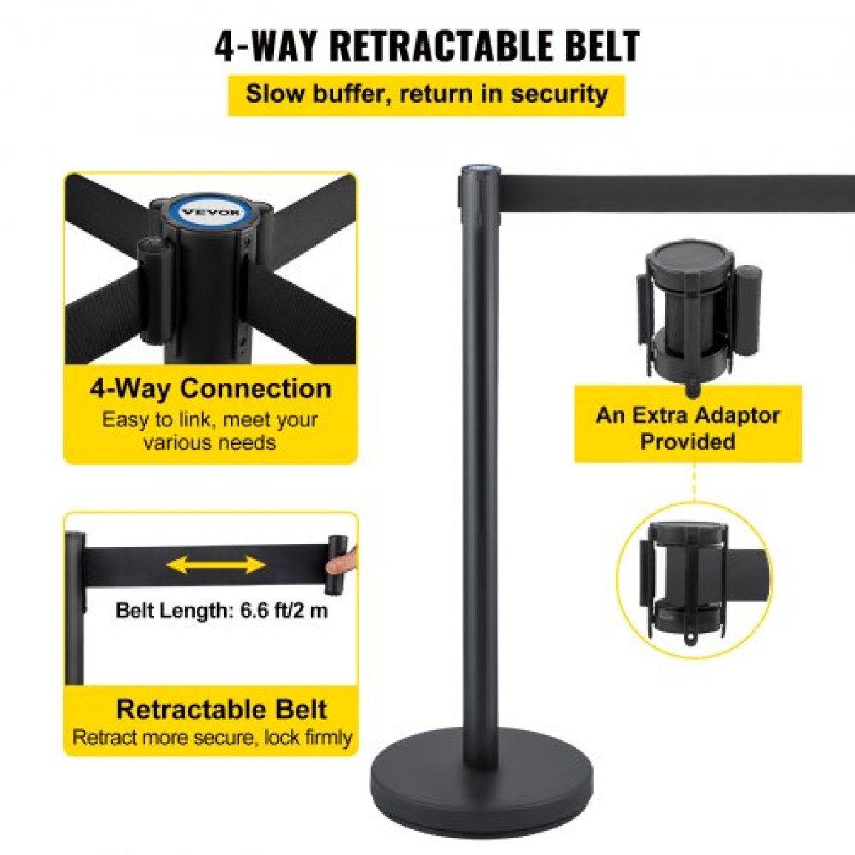 VEVOR Crowd Control Stanchion, Σετ 6 τεμαχίων Stanchion Set, Stanchion Set με 6,6 ft/2 m Μαύρη ανασυρόμενη ζώνη, Black Crowd Control Barrier με σκυρόδεμα και μεταλλική βάση – Συναρμολόγηση Easy Connect