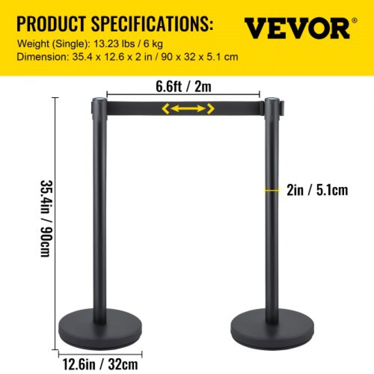 VEVOR Crowd Control Stanchion, Σετ 6 τεμαχίων Stanchion Set, Stanchion Set με 6,6 ft/2 m Μαύρη ανασυρόμενη ζώνη, Black Crowd Control Barrier με σκυρόδεμα και μεταλλική βάση – Συναρμολόγηση Easy Connect