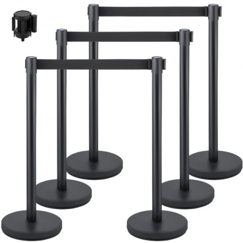 VEVOR Crowd Control Stanchion, Σετ 6 τεμαχίων Stanchion Set, Stanchion Set με 6,6 ft/2 m Μαύρη ανασυρόμενη ζώνη, Black Crowd Control Barrier με σκυρόδεμα και μεταλλική βάση – Συναρμολόγηση Easy Connect