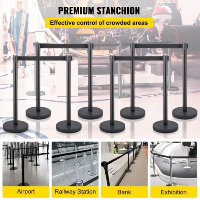 Βάση VEVOR Crowd Control Stanchion, σετ Stanchion 8 τεμαχίων, με μαύρη ανασυρόμενη ζώνη 6,6 ft/2 m, Μαύρο φράγμα ελέγχου πλήθους με σκυρόδεμα και μεταλλική βάση, συναρμολόγηση Easy Connect