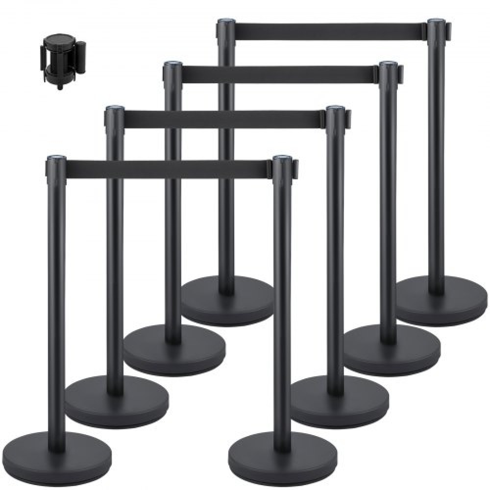 Βάση VEVOR Crowd Control Stanchion, σετ Stanchion 8 τεμαχίων, με μαύρη ανασυρόμενη ζώνη 6,6 ft/2 m, Μαύρο φράγμα ελέγχου πλήθους με σκυρόδεμα και μεταλλική βάση, συναρμολόγηση Easy Connect