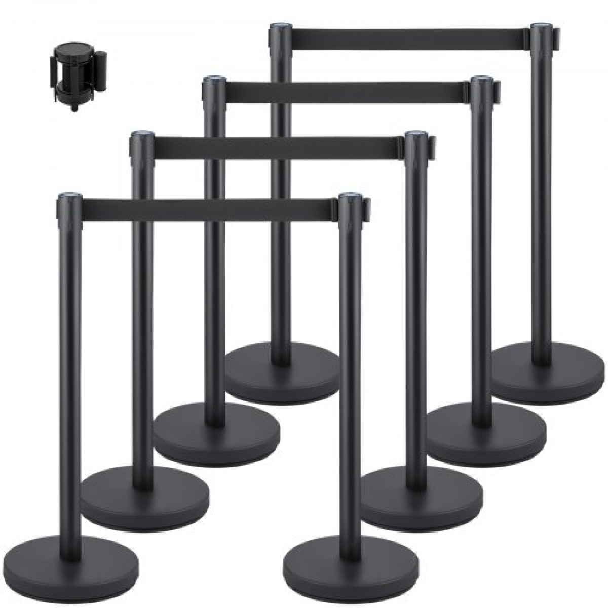 Βάση VEVOR Crowd Control Stanchion, σετ Stanchion 8 τεμαχίων, με μαύρη ανασυρόμενη ζώνη 6,6 ft/2 m, Μαύρο φράγμα ελέγχου πλήθους με σκυρόδεμα και μεταλλική βάση, συναρμολόγηση Easy Connect