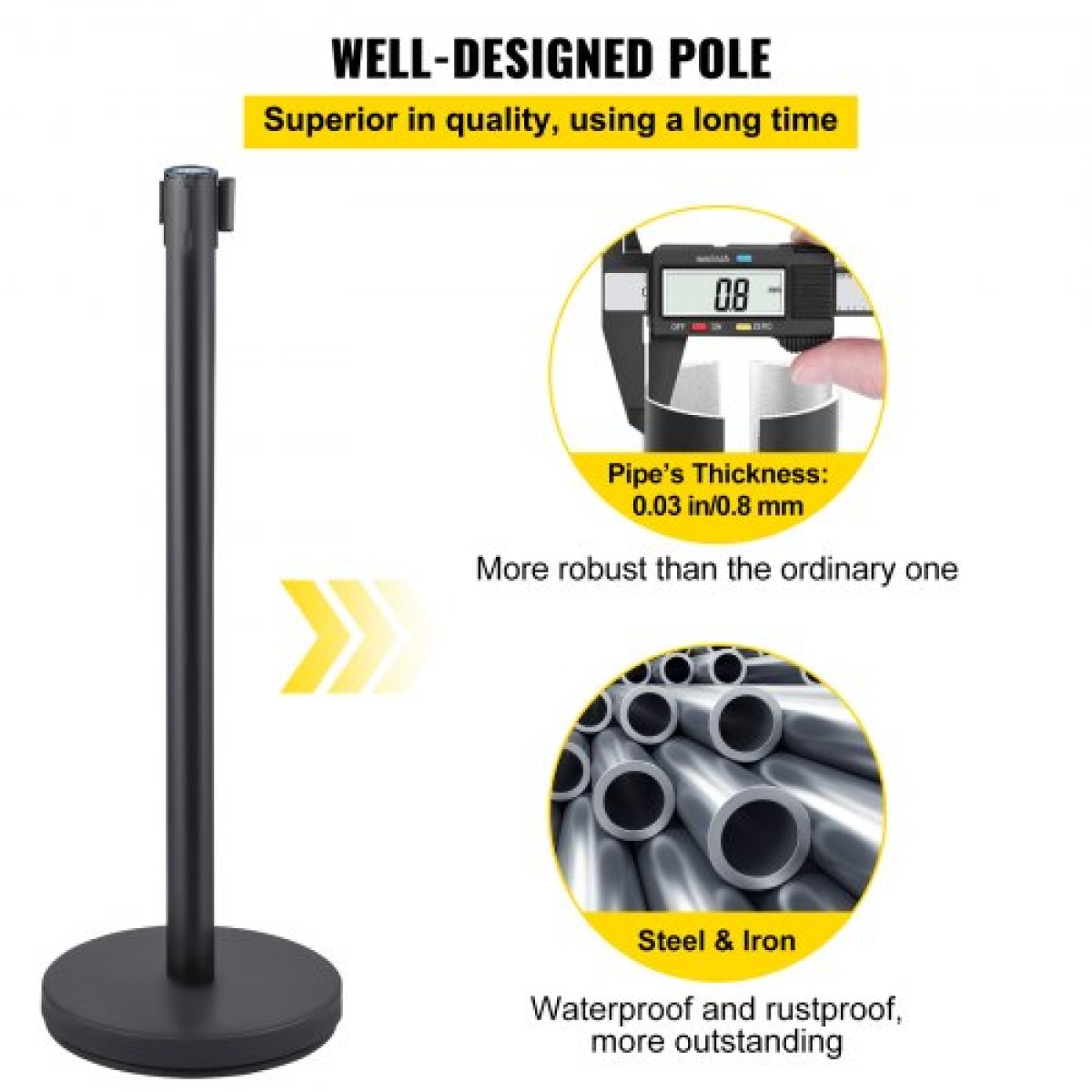 Βάση VEVOR Crowd Control Stanchion, σετ Stanchion 8 τεμαχίων, με μαύρη ανασυρόμενη ζώνη 6,6 ft/2 m, Μαύρο φράγμα ελέγχου πλήθους με σκυρόδεμα και μεταλλική βάση, συναρμολόγηση Easy Connect