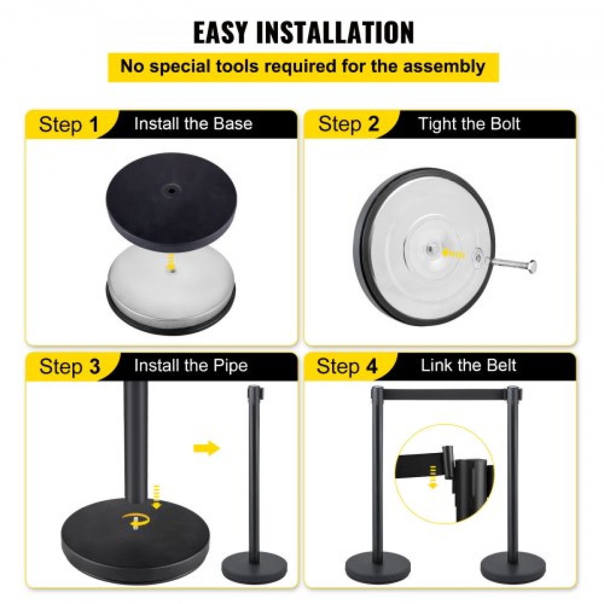 Βάση VEVOR Crowd Control Stanchion, σετ Stanchion 8 τεμαχίων, με μαύρη ανασυρόμενη ζώνη 6,6 ft/2 m, Μαύρο φράγμα ελέγχου πλήθους με σκυρόδεμα και μεταλλική βάση, συναρμολόγηση Easy Connect