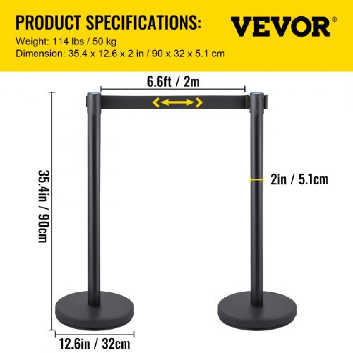 Βάση VEVOR Crowd Control Stanchion, σετ Stanchion 8 τεμαχίων, με μαύρη ανασυρόμενη ζώνη 6,6 ft/2 m, Μαύρο φράγμα ελέγχου πλήθους με σκυρόδεμα και μεταλλική βάση, συναρμολόγηση Easy Connect