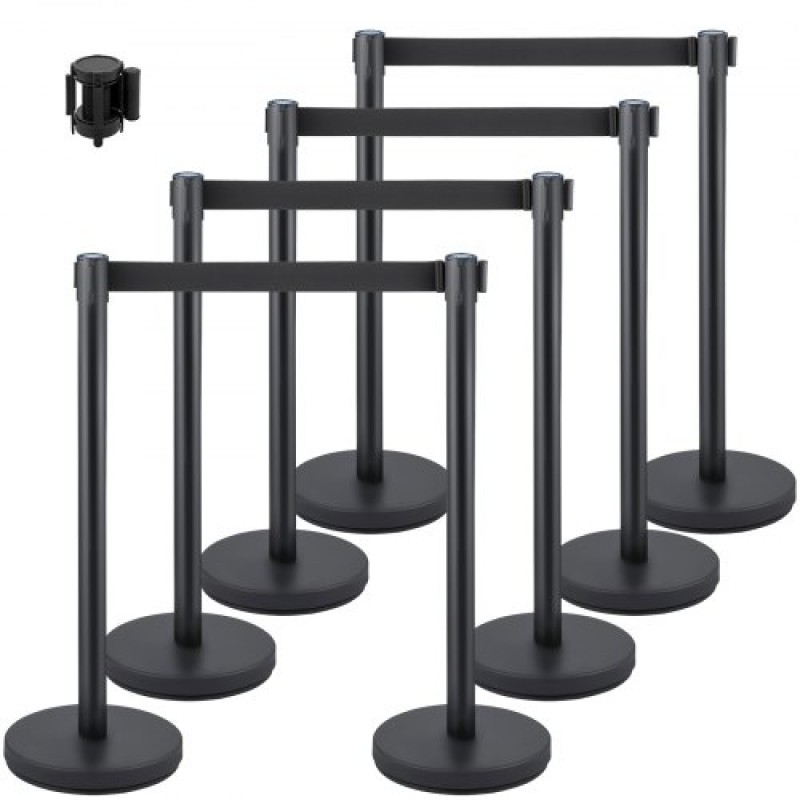 Βάση VEVOR Crowd Control Stanchion, σετ Stanchion 8 τεμαχίων, με μαύρη ανασυρόμενη ζώνη 6,6 ft/2 m, Μαύρο φράγμα ελέγχου πλήθους με σκυρόδεμα και μεταλλική βάση, συναρμολόγηση Easy Connect