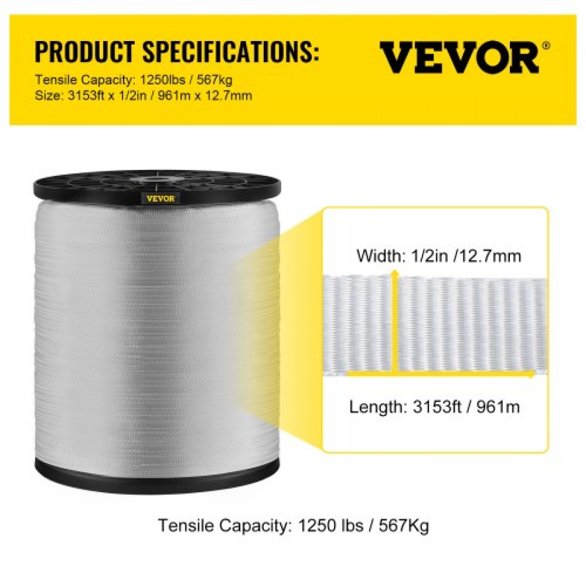 VEVOR 1250Lbs Πολυεστερική ταινία έλξης, 3153' x 1/2" Επίπεδη ταινία για μεταβλητές λειτουργίες εργασίας αγωγών καλωδίων και συρμάτων, επίπεδο σχοινί για τράβηγμα/φόρτωση/συσκευασία σε κάθε καιρό CONDITON