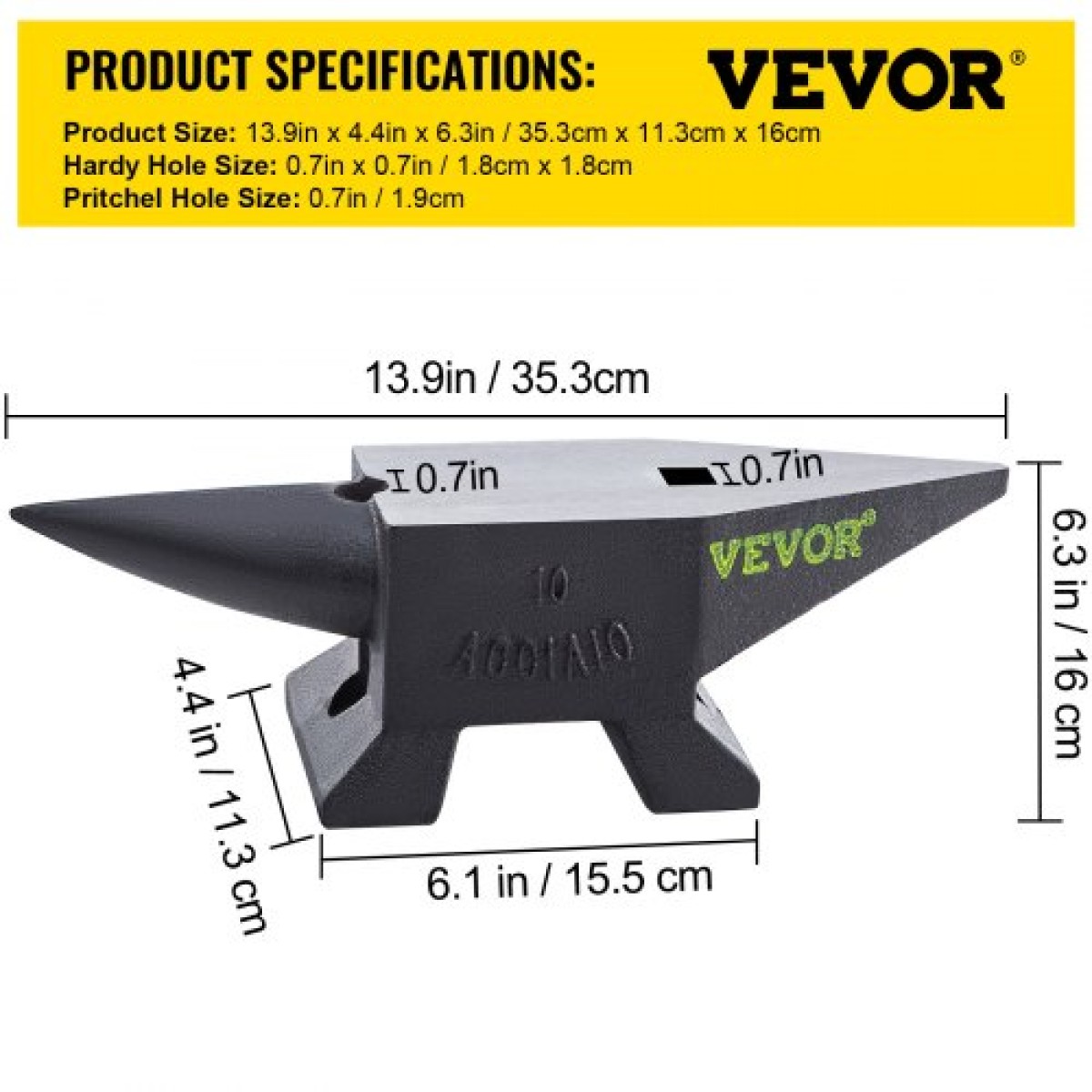 VEVOR Μαντεμένιο αμόνι, 22 λίβρες/10 κιλά αμόνι μονού κέρατου, με μεγάλο πάγκο και σταθερή βάση, Σιδεράς σιδηρουργός με στιβαρό στρογγυλό κέρατο αμόνι υψηλής σκληρότητας, για διαμόρφωση, κάμψη