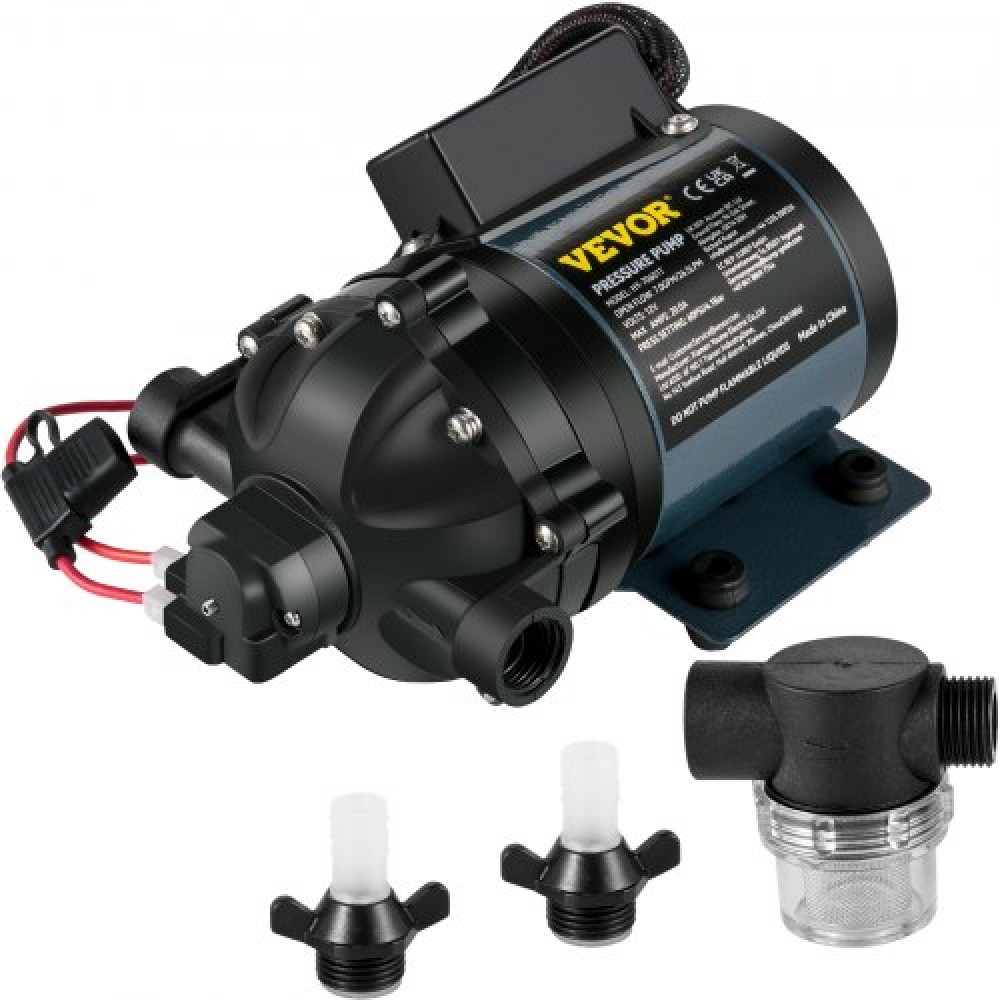 VEVOR Washdown Pump, 12V DC, 26 L/min (7 GPM) 4 bar (60 PSI), Μέγ.Αντλία νερού 3 m(10 FT), με βαλβίδα EPDM, φίλτρο θαλασσινού νερού γενικής χρήσης και θηλυκό/αρσενικό σπείρωμα, για RV, Marine Deck, Yacht