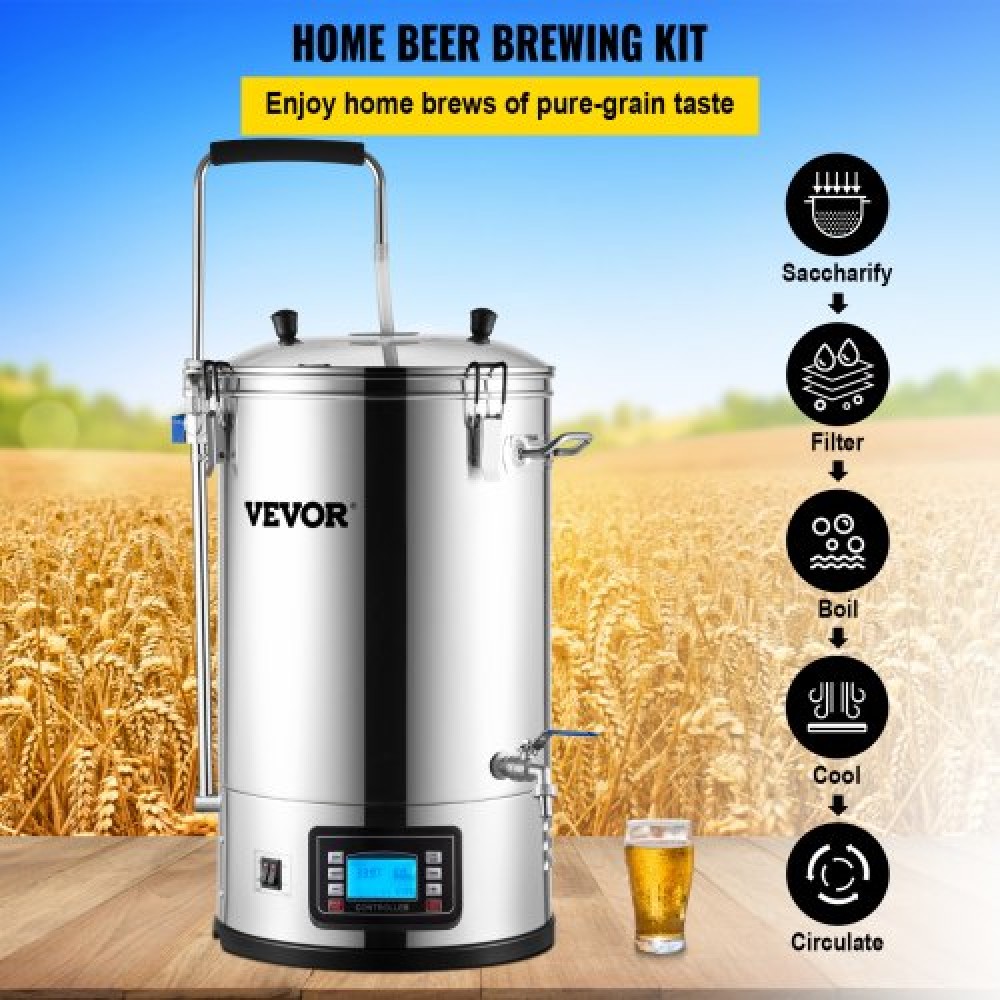 VEVOR Electric Brewing System, 8 Gal/30 L, All-in-One Home Beer Brewer with Auto/Manual-Mode panel, Mash Boil Device with 100-2500W Power 25-100℃ Temp 1-180 min Timer Circulating Pump Recipe Memory, 2