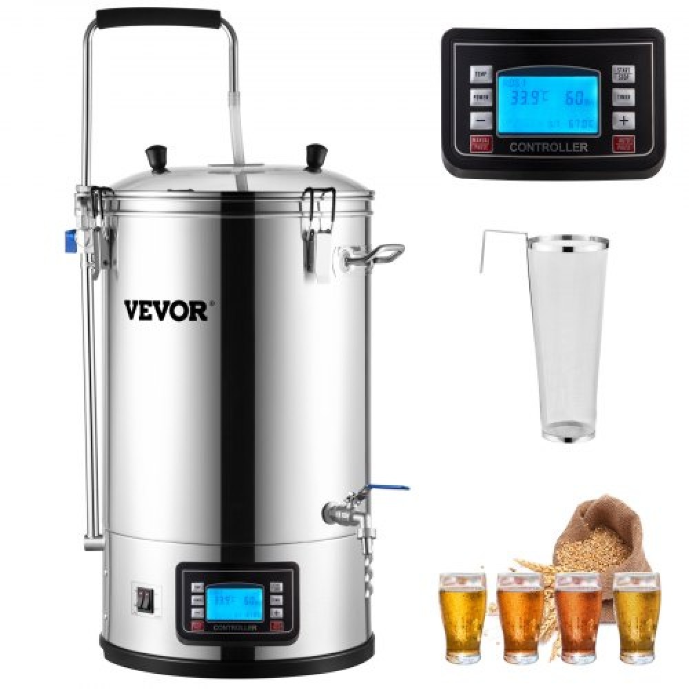VEVOR Electric Brewing System, 8 Gal/30 L, All-in-One Home Beer Brewer with Auto/Manual-Mode panel, Mash Boil Device with 100-2500W Power 25-100℃ Temp 1-180 min Timer Circulating Pump Recipe Memory, 2