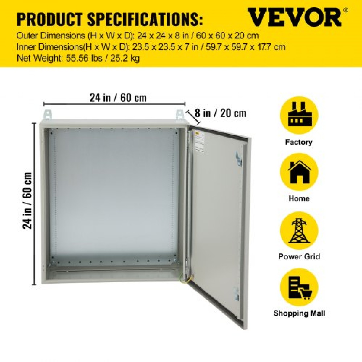 VEVOR Electrical Steel Περίβλημα Κουτί NEMA 4 Περίβλημα εξωτερικού χώρου 60x60x20 cm UL