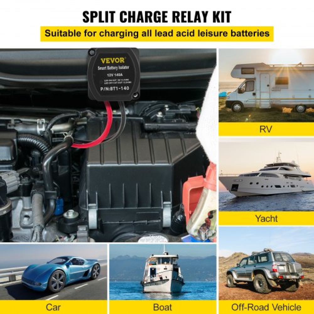 VEVOR Split Charge Relay Kit, 2mtr 12V, Automatic Dual Battery Isolator Kit with 140AMP Voltage Sense Relay VSR, Συμβατό με RV Marine Vehicle Truck Caravan Camper Yacht ATV UTV Boats Workshop