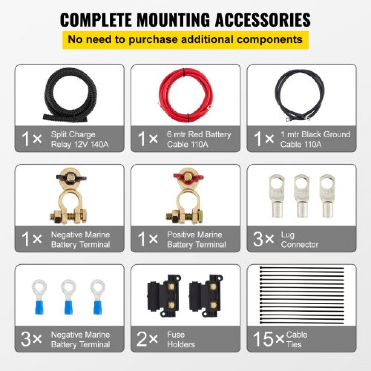 VEVOR Split Charge Relay Kit, 6mtr 12V, Automatic Dual Battery Isolator Kit with 140AMP Voltage Sense Relay VSR, Συμβατό με RV Marine Car Vehicle Truck Caravan Camper Yacht ATV UTV Boats Workshop