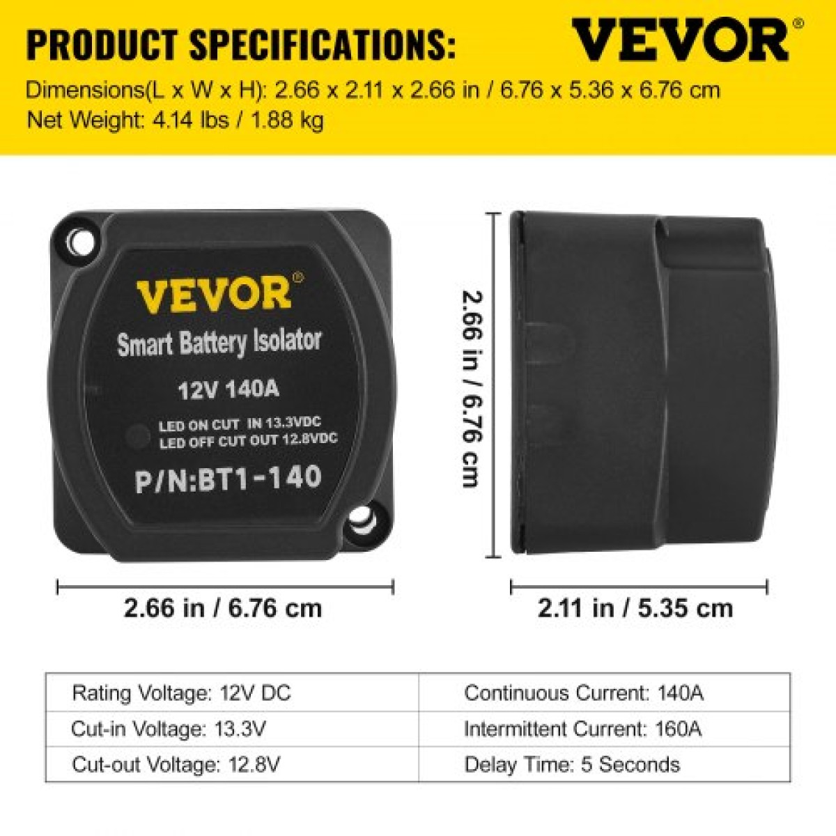 VEVOR Split Charge Relay Kit, 5mtr 12V, Automatic Dual Battery Isolator Kit with 140AMP Voltage Sense Relay VSR, Συμβατό με RV Marine Car Vehicle Truck Caravan Camper Yacht ATV UTV Boats Workshop