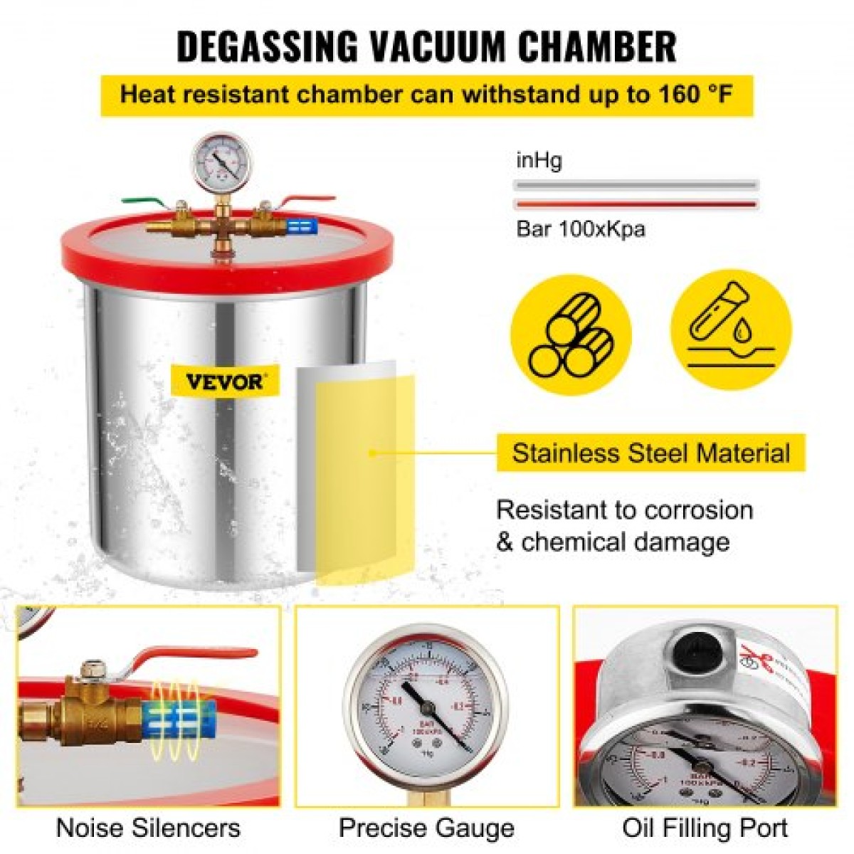 VEVOR Vacuum Chamber with Pump Vacuum Chamber Kit 5 Gal/18,9 L 5CFM 1/3HP Single Stage
