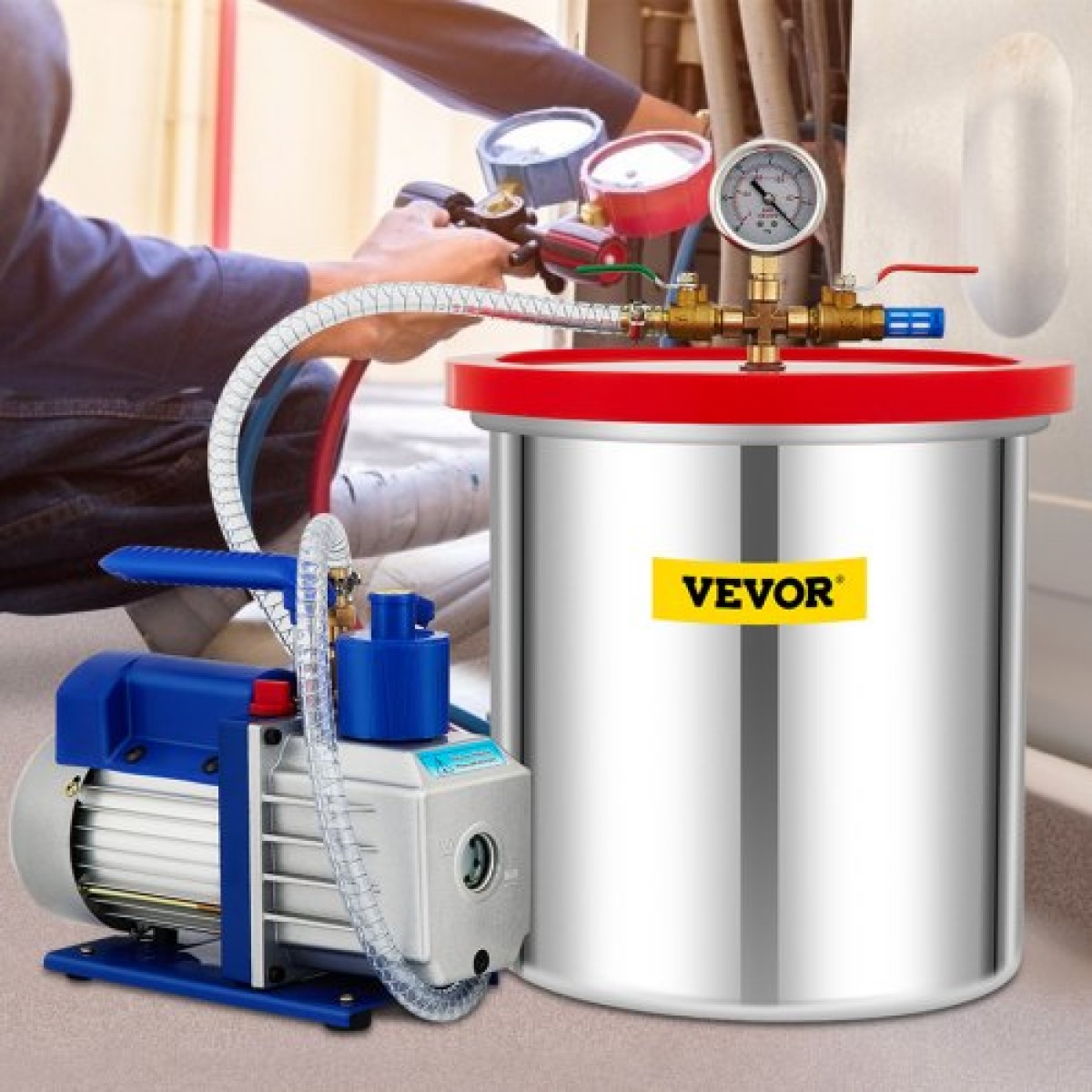 VEVOR Vacuum Chamber with Pump Vacuum Chamber Kit 5 Gal/18,9 L 5CFM 1/3HP Single Stage