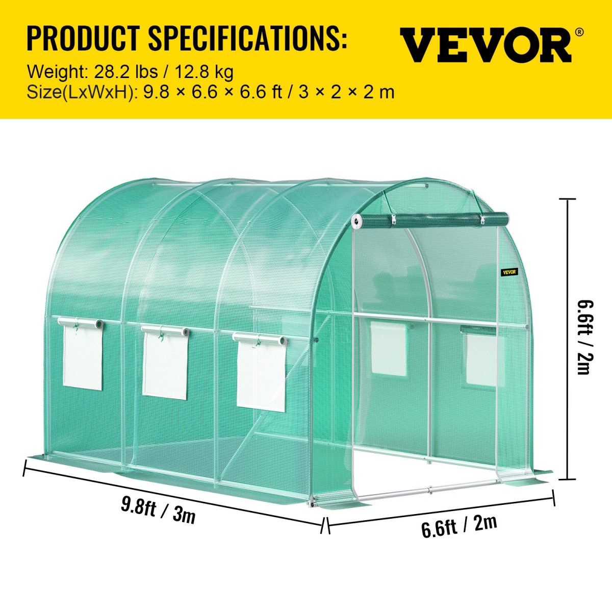 Θερμοκήπιο VEVOR Walk-in Tunnel, 304,8 x 213,4 x 213,4 cm Φορητό θερμοσίφωνο με γαλβανισμένο ατσάλι, 1 επάνω δοκό, διαγώνιους πόλους, πόρτα με φερμουάρ & 6 ανοιγόμενα παράθυρα, πράσινο