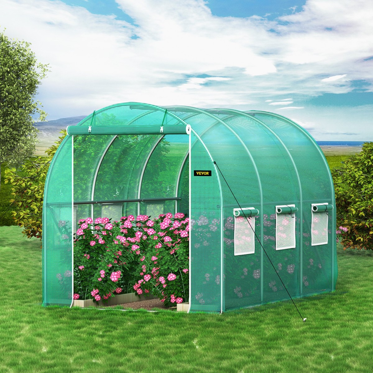 Θερμοκήπιο VEVOR Walk-in Tunnel, 304,8 x 213,4 x 213,4 cm Φορητό θερμοσίφωνο με γαλβανισμένο ατσάλι, 1 επάνω δοκό, διαγώνιους πόλους, πόρτα με φερμουάρ & 6 ανοιγόμενα παράθυρα, πράσινο