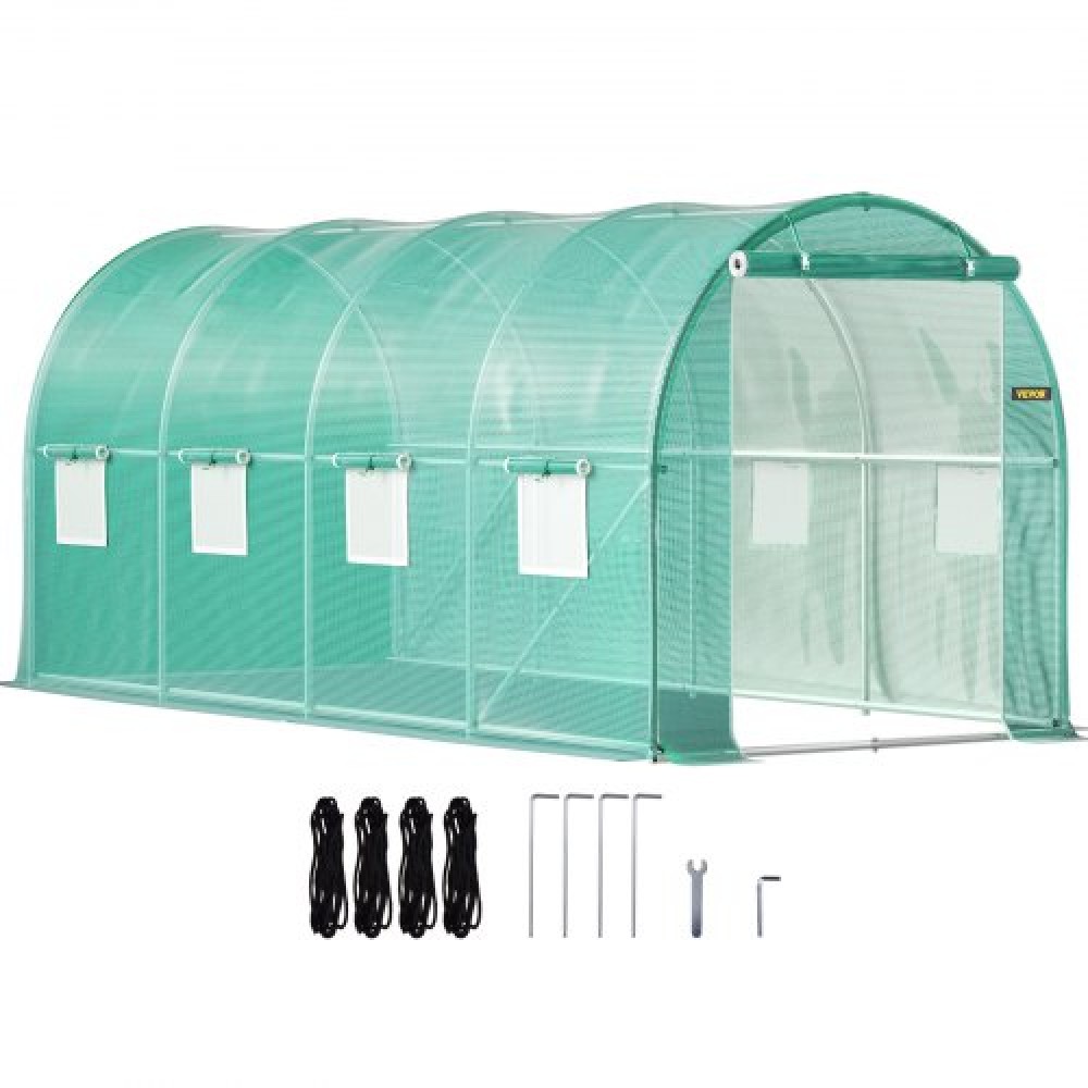 Θερμοκήπιο VEVOR Walk-in Tunnel, 4,5 x 2 x 2 m /15 x 7 x 7 ft Φορητό θερμοσίφωνο με γαλβανισμένο ατσάλι, 1 επάνω δοκός, 2 διαγώνιους πόλους, 2 πόρτες με φερμουάρ & 8 ανοιγόμενα παράθυρα, πράσινο