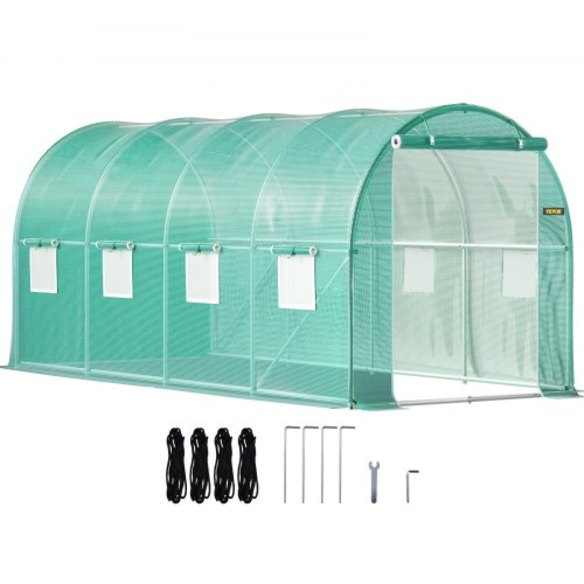 Θερμοκήπιο VEVOR Walk-in Tunnel, 4,5 x 2 x 2 m /15 x 7 x 7 ft Φορητό θερμοσίφωνο με γαλβανισμένο ατσάλι, 1 επάνω δοκός, 2 διαγώνιους πόλους, 2 πόρτες με φερμουάρ & 8 ανοιγόμενα παράθυρα, πράσινο