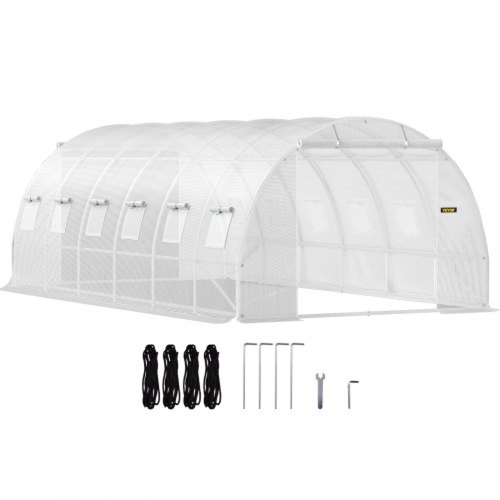 Θερμοκήπιο VEVOR Walk-in Tunnel, 609,6 x 304,8 x 213,4 cm Φορητό θερμοσίφωνο με γαλβανισμένο ατσάλι, 3 επάνω δοκάρια, 4 διαγώνιους πόλους, 2 πόρτες με φερμουάρ & 12 παράθυρα με αναδίπλωση, λευκό