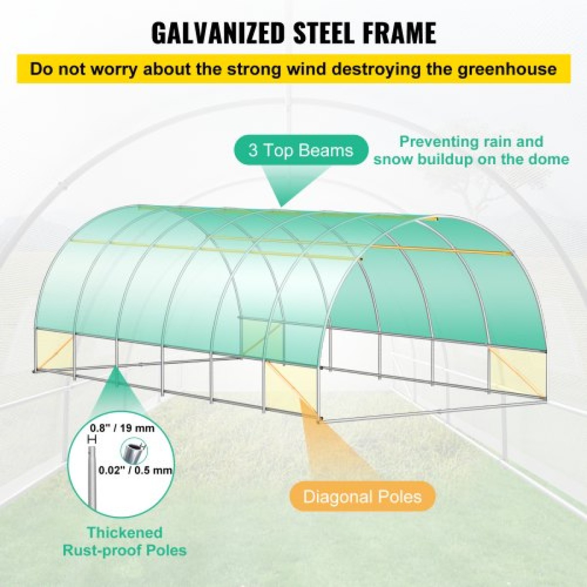 Θερμοκήπιο VEVOR Walk-in Tunnel, 609,6 x 304,8 x 213,4 cm Φορητό θερμοσίφωνο με γαλβανισμένο ατσάλι, 3 επάνω δοκάρια, 4 διαγώνιους πόλους, 2 πόρτες με φερμουάρ & 12 παράθυρα με αναδίπλωση, λευκό
