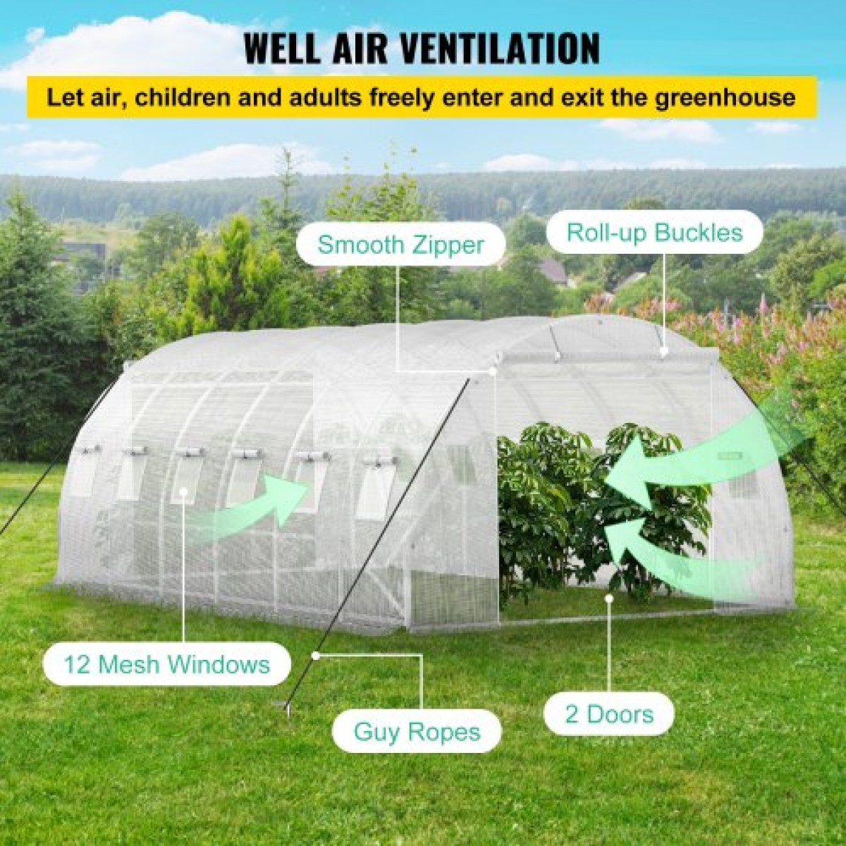 Θερμοκήπιο VEVOR Walk-in Tunnel, 609,6 x 304,8 x 213,4 cm Φορητό θερμοσίφωνο με γαλβανισμένο ατσάλι, 3 επάνω δοκάρια, 4 διαγώνιους πόλους, 2 πόρτες με φερμουάρ & 12 παράθυρα με αναδίπλωση, λευκό