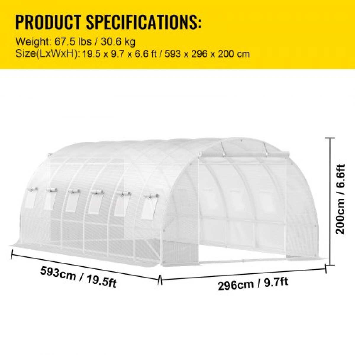 Θερμοκήπιο VEVOR Walk-in Tunnel, 609,6 x 304,8 x 213,4 cm Φορητό θερμοσίφωνο με γαλβανισμένο ατσάλι, 3 επάνω δοκάρια, 4 διαγώνιους πόλους, 2 πόρτες με φερμουάρ & 12 παράθυρα με αναδίπλωση, λευκό
