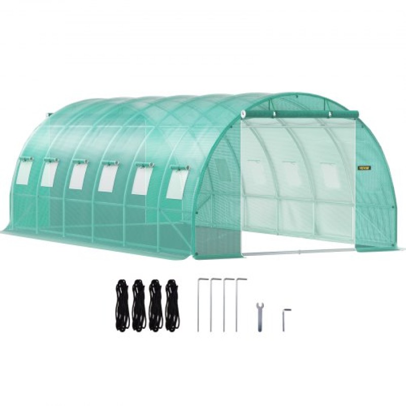 Θερμοκήπιο VEVOR Walk-in Tunnel, 609,6 x 304,8 x 213,4 cm Φορητό θερμοσίφωνο με γαλβανισμένο ατσάλι, 3 επάνω δοκάρια, 4 διαγώνιους πόλους, 2 πόρτες με φερμουάρ & 12 παράθυρα με αναδίπλωση, πράσινο