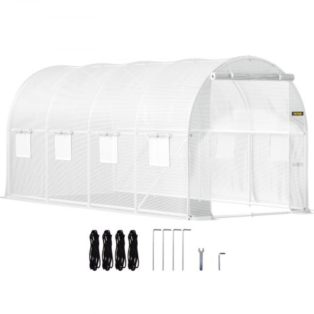 Θερμοκήπιο VEVOR Walk-in Tunnel, 457,2 x 198,12 x 213,4 cm Φορητό θερμοσίφωνο με γαλβανισμένο ατσάλι, 1 επάνω δοκός, 2 x διαγώνιους πόλους, 2 πόρτες με φερμουάρ & 8 παράθυρα με αναδίπλωση, λευκό