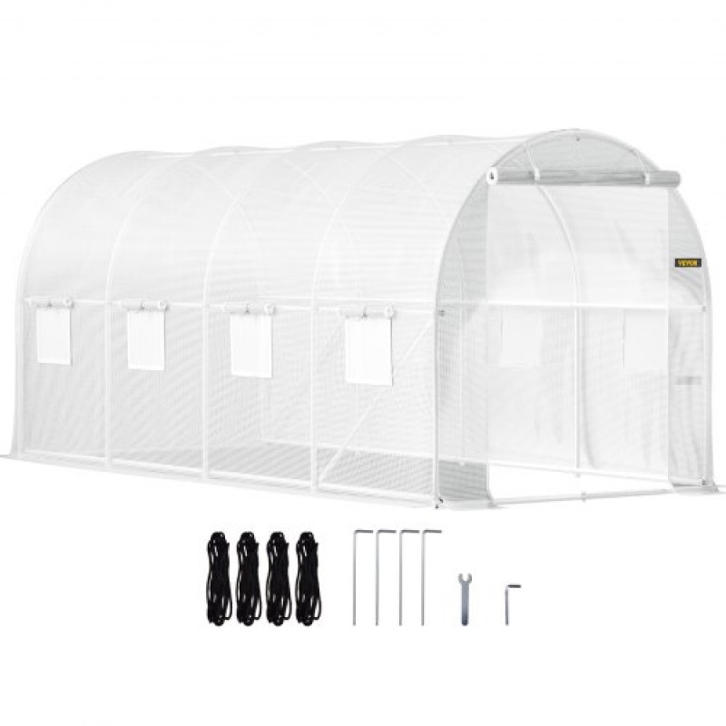 Θερμοκήπιο VEVOR Walk-in Tunnel, 457,2 x 198,12 x 213,4 cm Φορητό θερμοσίφωνο με γαλβανισμένο ατσάλι, 1 επάνω δοκός, 2 x διαγώνιους πόλους, 2 πόρτες με φερμουάρ & 8 παράθυρα με αναδίπλωση, λευκό
