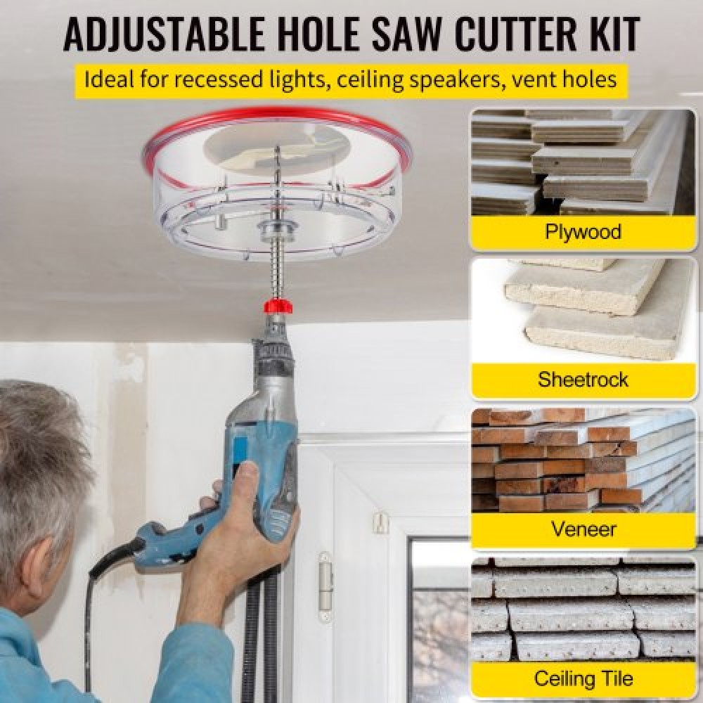VEVOR Adjustable Hole Saw Cutter Kit, 1-5/8" to 11-13 /16" (40-300 mm), Recessed Hole Saw with PC Dust Shield, Two Replaceable Pilot Drill Bits, for Recessed Lights, Ceiling Speakers, Vent Holes
