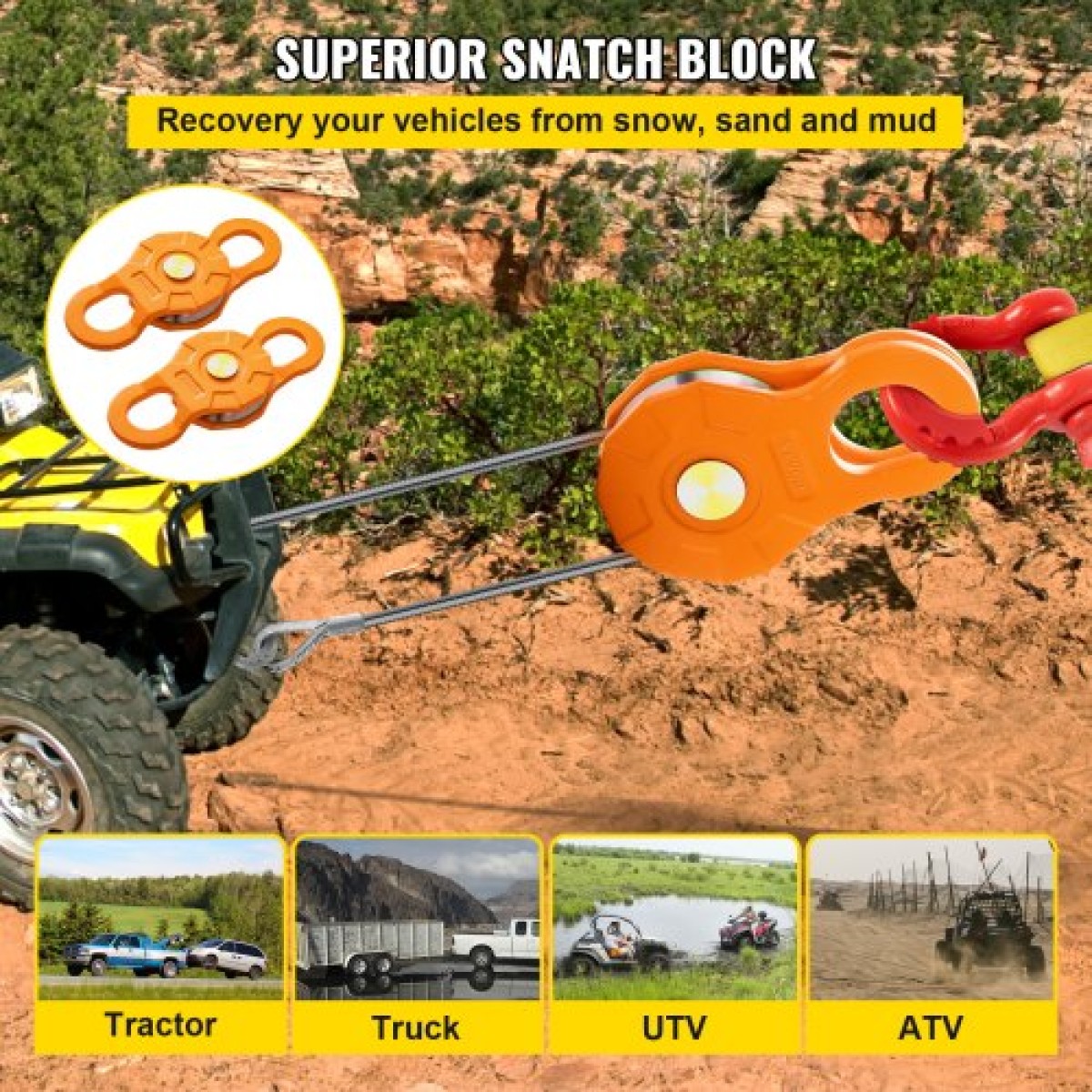 VEVOR Snatch Block, 11T/25.000 LBS Όριο φορτίου εργασίας, Τροχαλία βαρούλκου βαρέως τύπου για συνθετικό σχοινί 0,55"/14 mm ή μαλακά δεσμά, Αξεσουάρ αποκατάστασης εκτός δρόμου για τρακτέρ, φορτηγό, ATV & UTV, 2 πακέτα