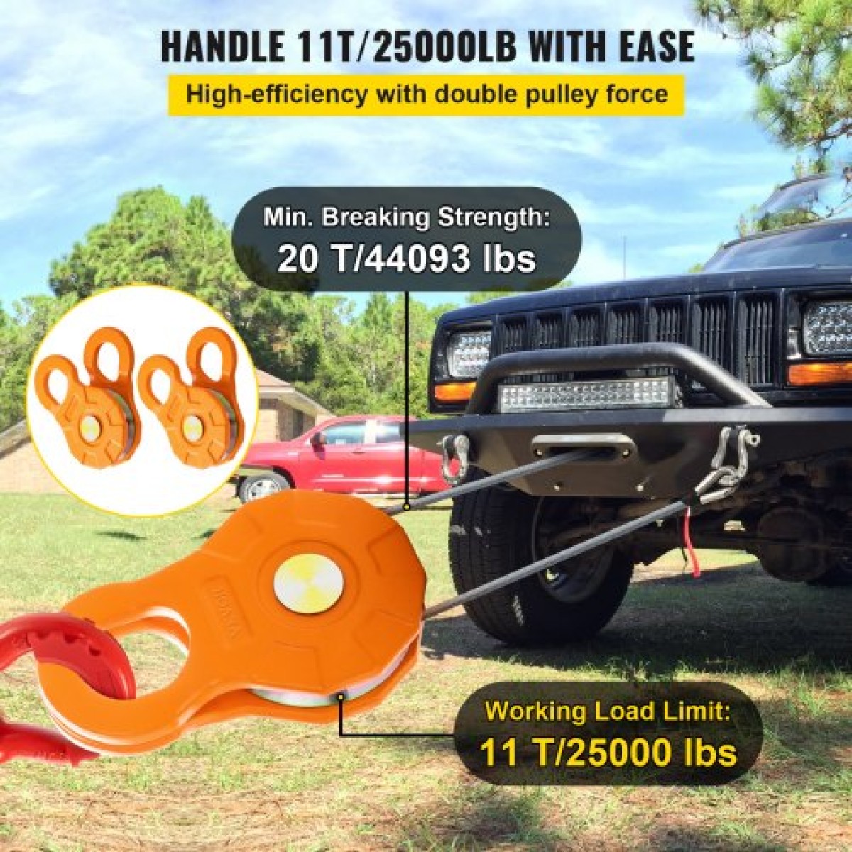 VEVOR Snatch Block, 11T/25.000 LBS Όριο φορτίου εργασίας, Τροχαλία βαρούλκου βαρέως τύπου για συνθετικό σχοινί 0,55"/14 mm ή μαλακά δεσμά, Αξεσουάρ αποκατάστασης εκτός δρόμου για τρακτέρ, φορτηγό, ATV & UTV, 2 πακέτα