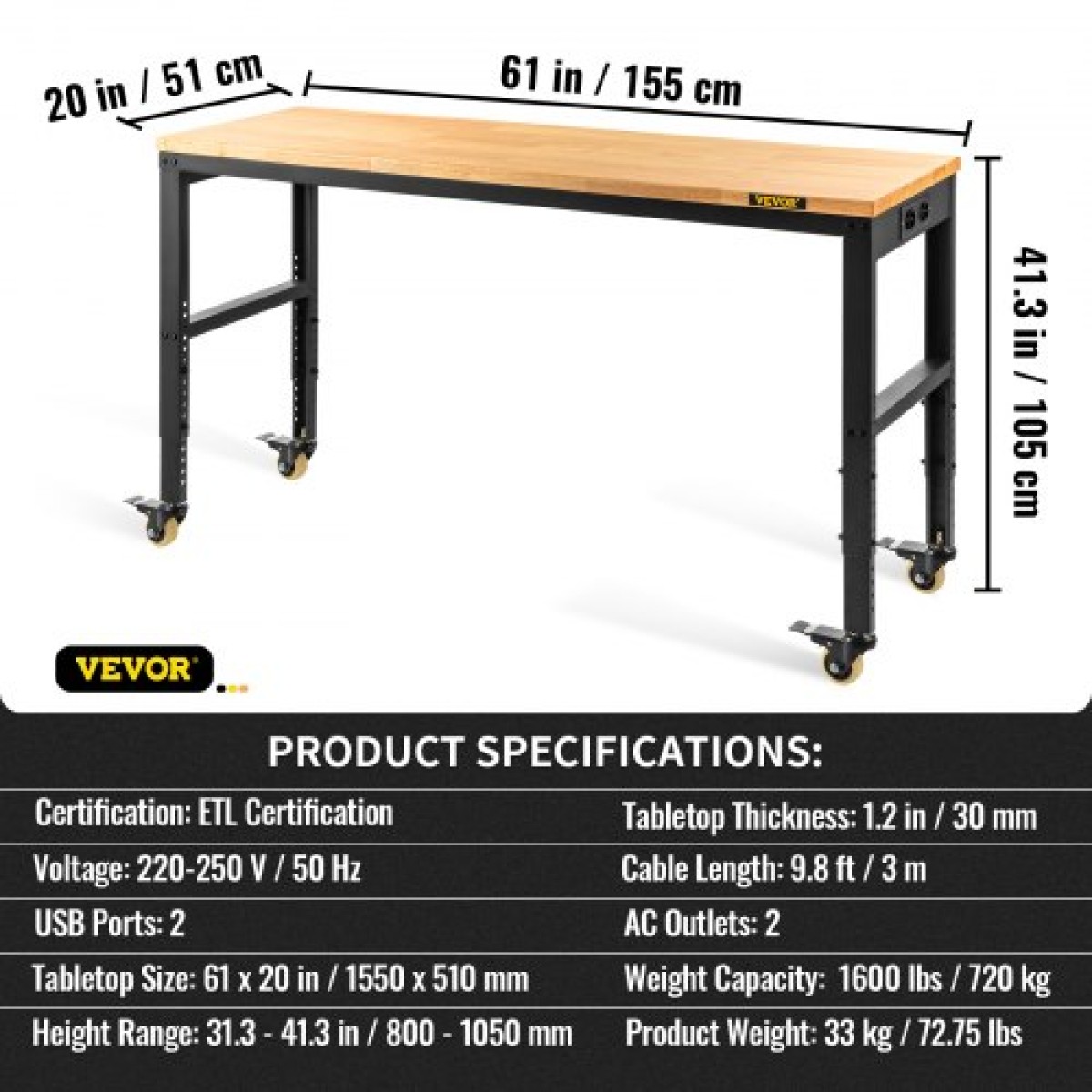 Πάγκος εργασίας VEVOR Ρυθμιζόμενο ύψος, 155 x 51 cm Τραπέζι γκαράζ με 80 – 105 cm ύψη & χωρητικότητα 720 KG, με πρίζες ρεύματος & σκληρό ξύλο επάνω & μεταλλικό πλαίσιο & περιστρεφόμενοι τροχοί, για εργαστήριο γραφείου σπιτιού