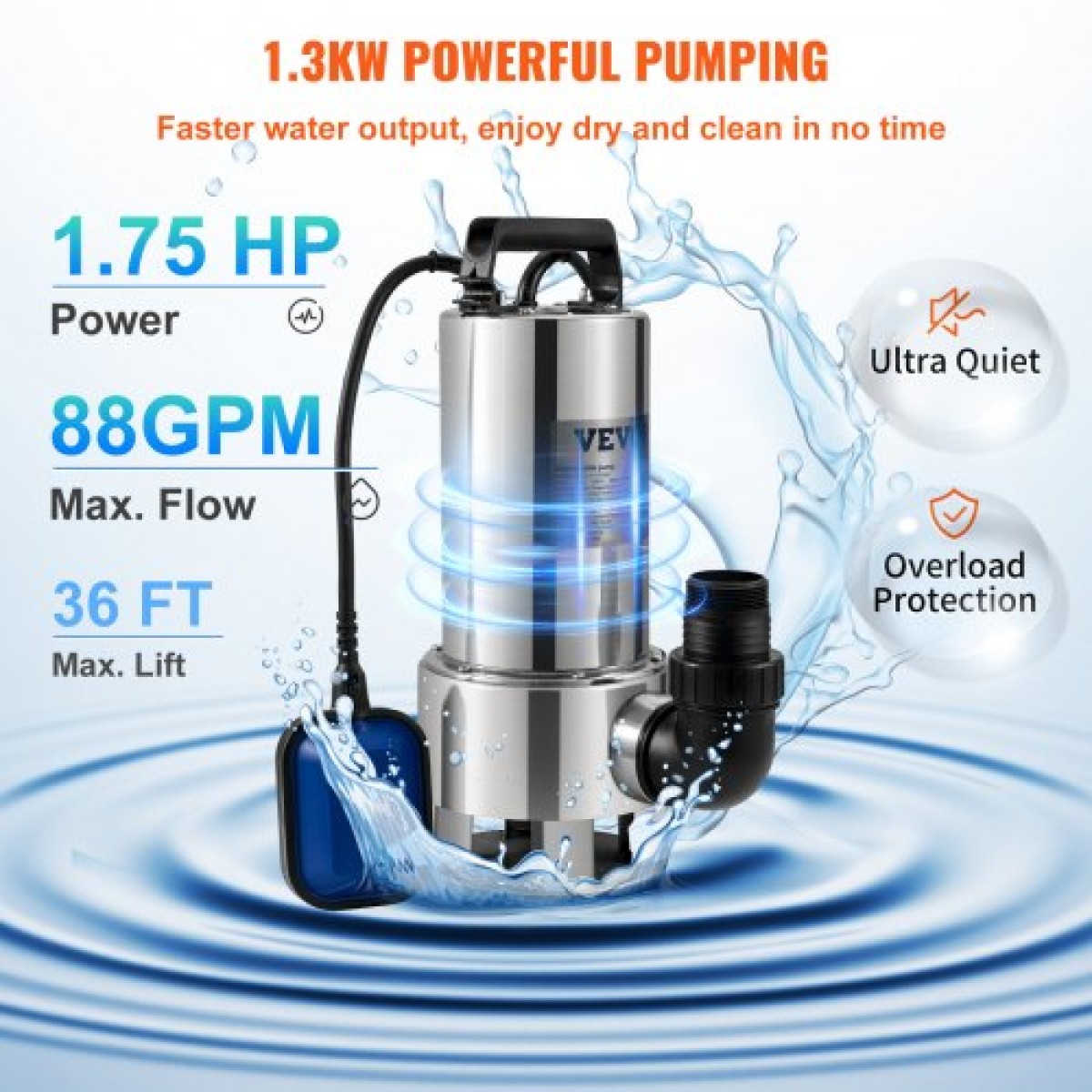 Υποβρύχια αντλία νερού VEVOR, 1300W 20000L/H, με καλώδιο 10 m και αυτόματο συνδεδεμένο διακόπτη πλωτήρα, ανοξείδωτο ατσάλι και χυτοσίδηρο για βρώμικα ή καθαρά, άδειες λίμνες κήπου, πισίνες, υδρομασάζ
