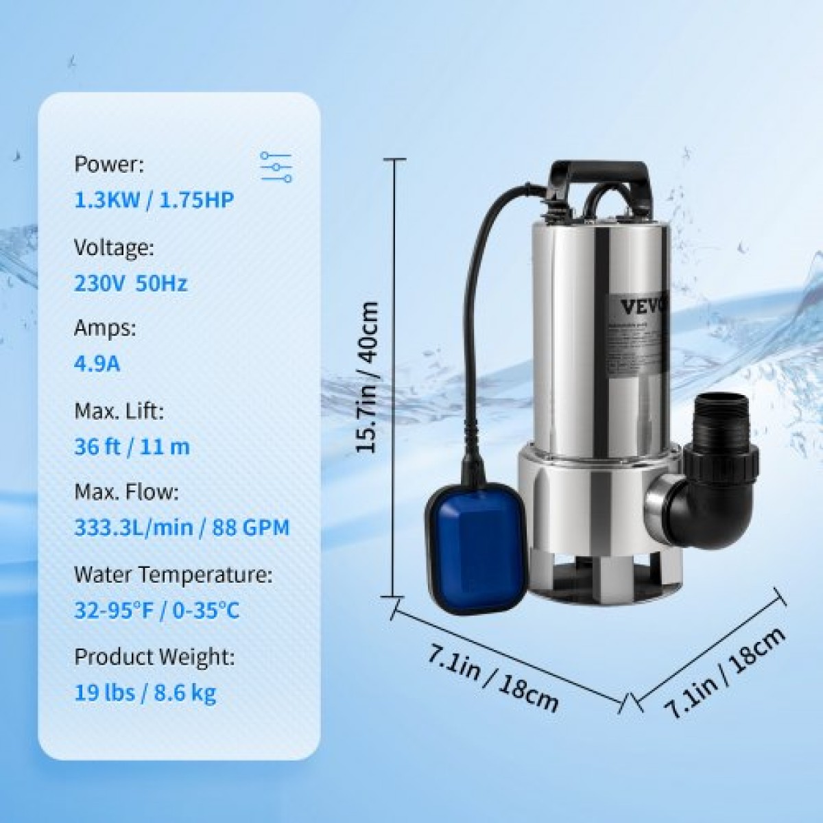 Υποβρύχια αντλία νερού VEVOR, 1300W 20000L/H, με καλώδιο 10 m και αυτόματο συνδεδεμένο διακόπτη πλωτήρα, ανοξείδωτο ατσάλι και χυτοσίδηρο για βρώμικα ή καθαρά, άδειες λίμνες κήπου, πισίνες, υδρομασάζ