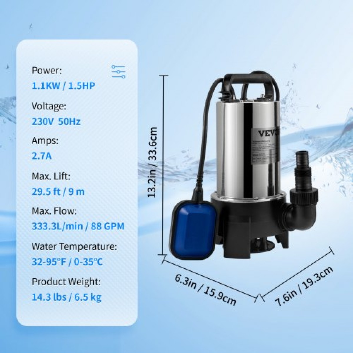Υποβρύχια αντλία νερού VEVOR, 1100W 20000L/H, με καλώδιο 10 m και αυτόματο συνδεδεμένο διακόπτη πλωτήρα, φορητός ανοξείδωτος χάλυβας για βρώμικα ή καθαρά, πλημμύρες αποχέτευσης, άδειες λίμνες κήπων, πισίνες, υδρομασάζ