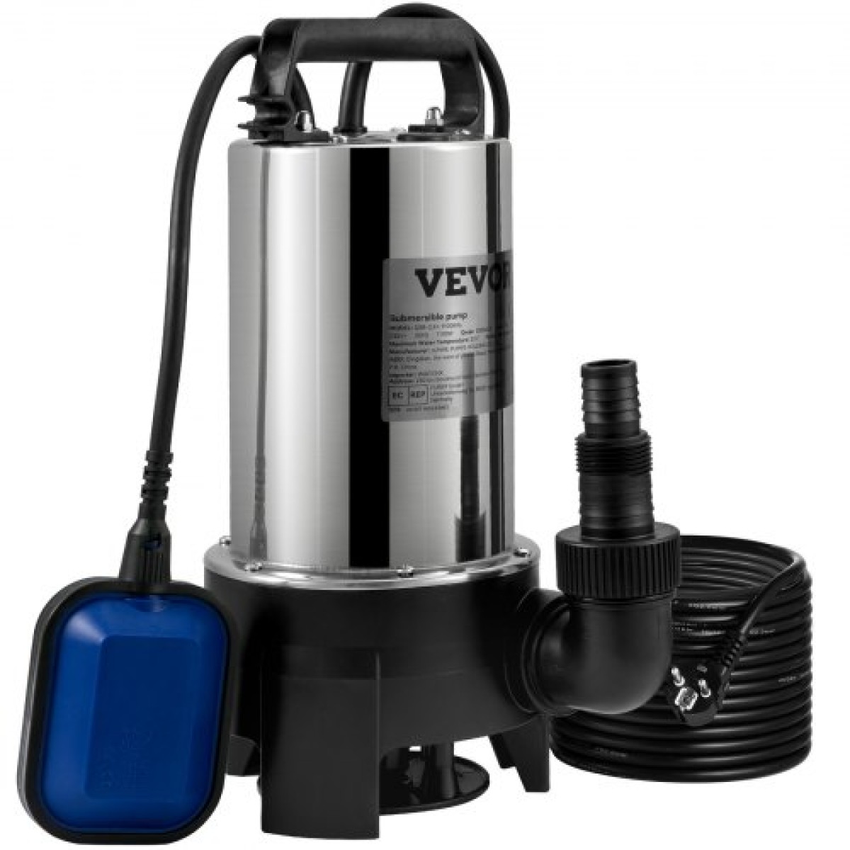 Υποβρύχια αντλία νερού VEVOR, 1100W 20000L/H, με καλώδιο 10 m και αυτόματο συνδεδεμένο διακόπτη πλωτήρα, φορητός ανοξείδωτος χάλυβας για βρώμικα ή καθαρά, πλημμύρες αποχέτευσης, άδειες λίμνες κήπων, πισίνες, υδρομασάζ