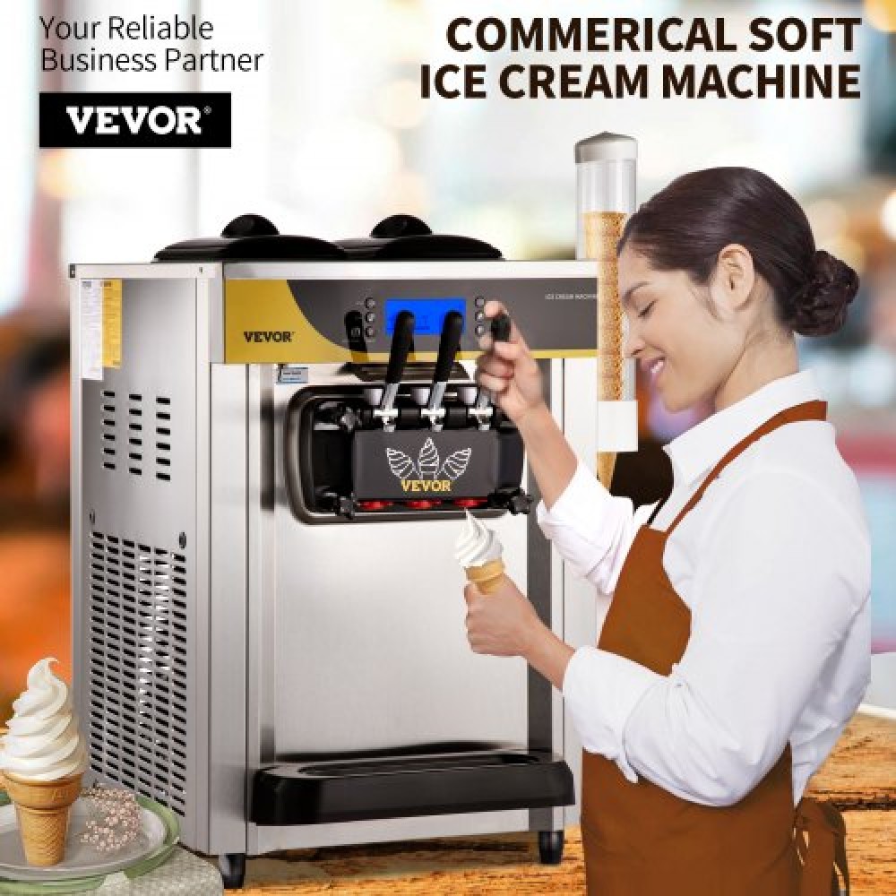 Εμπορική παγωτομηχανή VEVOR, απόδοση 22-30 L/H, Μηχάνημα σερβιρίσματος πάγκου μαλακό με χοάνη 2x6 λίτρων με κύλινδρο 2L πάνελ LCD συναγερμός έλλειψης φουσκώματος, Frozen Yogurt Maker για σνακ μπαρ εστιατορίου, Silve