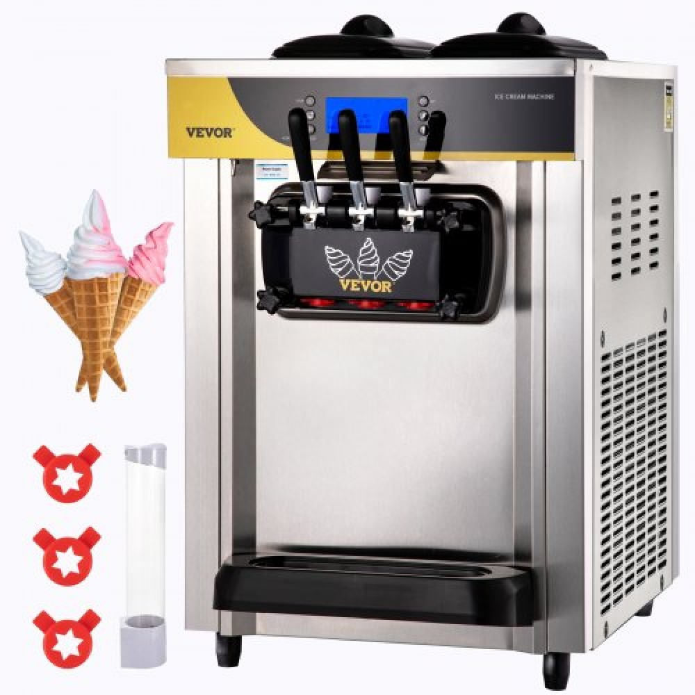 Εμπορική παγωτομηχανή VEVOR, απόδοση 22-30 L/H, Μηχάνημα σερβιρίσματος πάγκου μαλακό με χοάνη 2x6 λίτρων με κύλινδρο 2L πάνελ LCD συναγερμός έλλειψης φουσκώματος, Frozen Yogurt Maker για σνακ μπαρ εστιατορίου, Silve