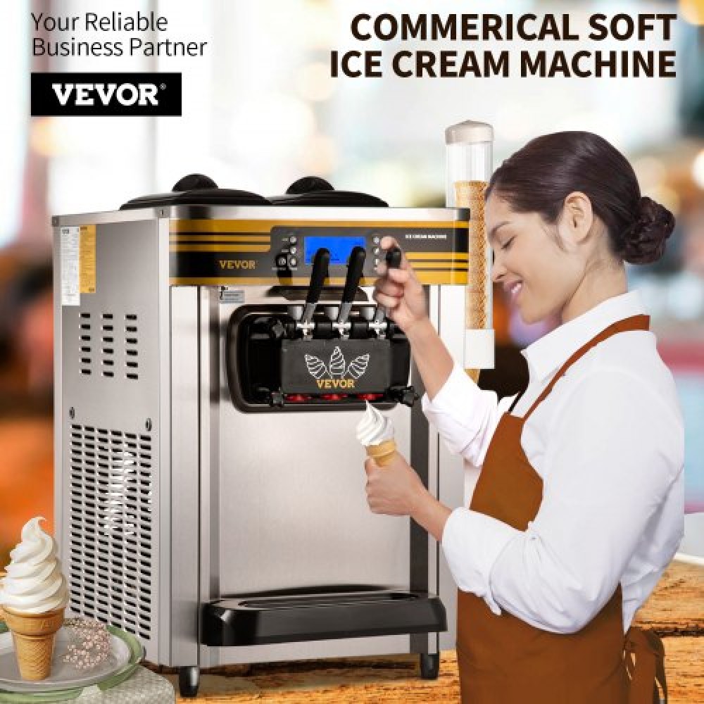 Εμπορική παγωτομηχανή VEVOR, απόδοση 22-30 L/H, Μηχάνημα σερβιρίσματος πάγκου μαλακό με χοάνη 2x6 λίτρων με κύλινδρο 2L πάνελ LCD συναγερμός έλλειψης φουσκώματος, Frozen Yogurt Maker για σνακ μπαρ εστιατορίου, Silve