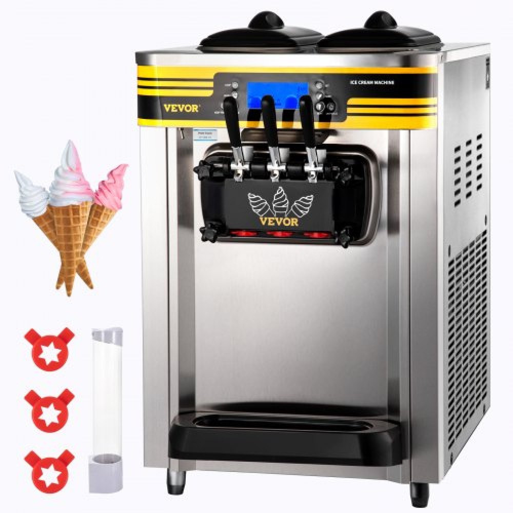 Εμπορική παγωτομηχανή VEVOR, απόδοση 22-30 L/H, Μηχάνημα σερβιρίσματος πάγκου μαλακό με χοάνη 2x6 λίτρων με κύλινδρο 2L πάνελ LCD συναγερμός έλλειψης φουσκώματος, Frozen Yogurt Maker για σνακ μπαρ εστιατορίου, Silve
