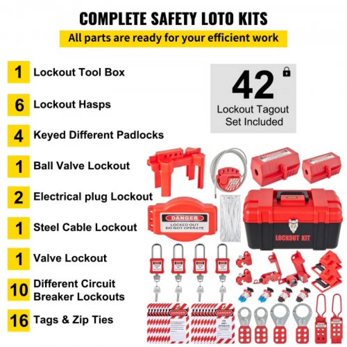 VEVOR 42 PCS Lockout Tagout Kit, Electrical Safety Loto Kit Περιλαμβάνει λουκέτα, 5 είδη κλειδαριών, Hasps, Tags & Ties, Box, Lockout Safety Tools για αφαίρεση ηλεκτρικού κινδύνου σε βιομηχανικά, μηχανήματα